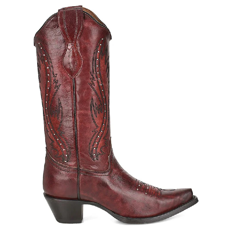 Trendy Threads Ld Wine Embroidery & Studs Snip Toe Cowboy Boots