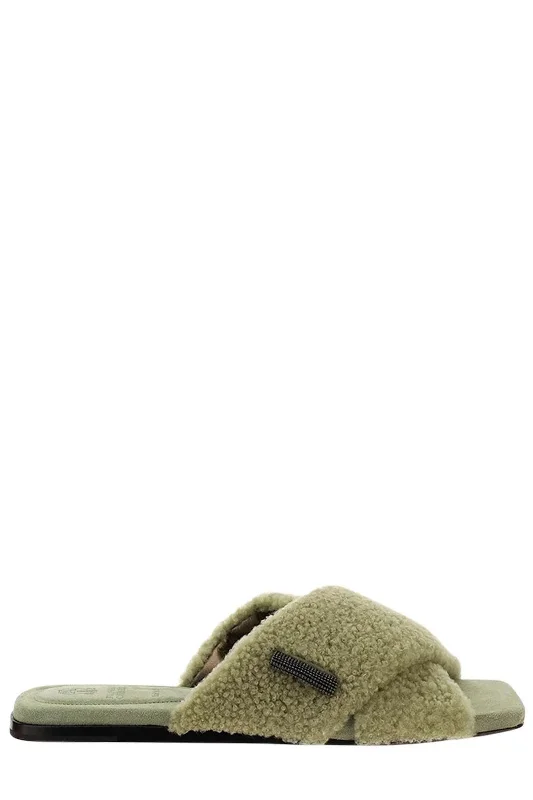 Boutique Styles Brunello Cucinelli Women's Logo Detailed Slip-On Sandals In Light Green