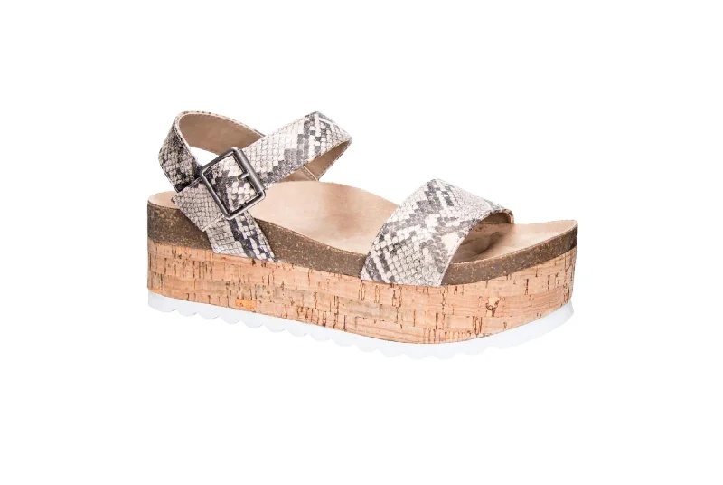 Playful Fashion Offers Dusk Palms Platform Sandal In Silver Snake
