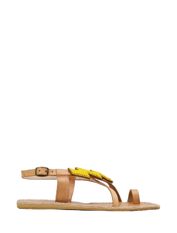 Statement Fashion Offers Icini Flat Back Strap Leather Sandal In Light Brown & Yellow