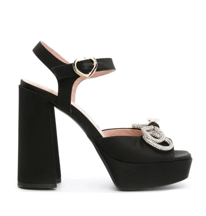 Clearance Sale, All Cheap Love Moschino Women's Satin Rhinestone Bow Block Heel Sandals 000-Black