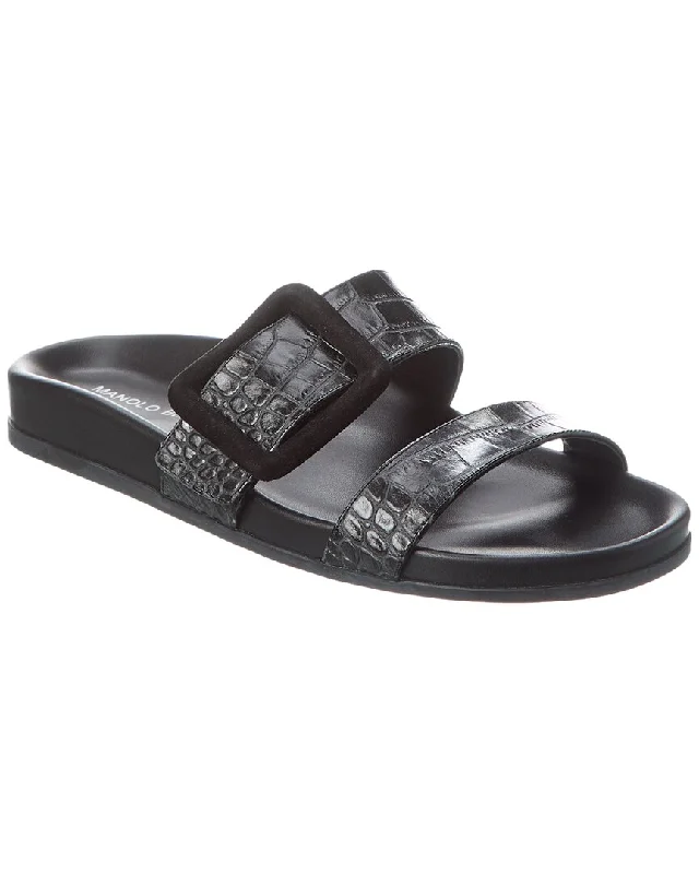 Step Ahead, Lead The Trend Manolo Blahnik Mayfu Croc-Embossed Leather Sandal