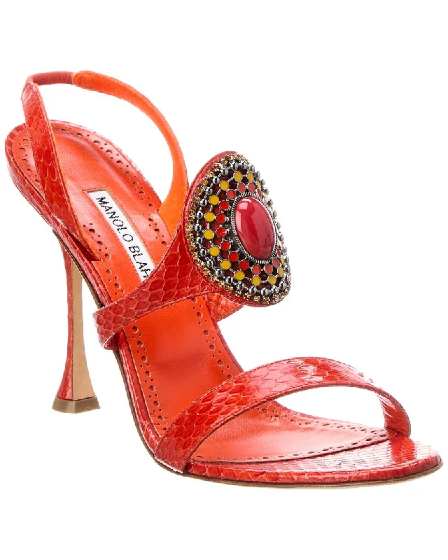 Unleash Your Trendy Side Manolo Blahnik Rodim 105 Snake-Embossed Leather Slingback Sandal