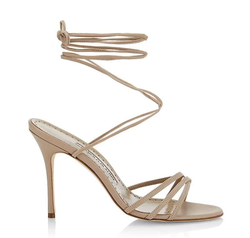 Easy Elegance Sales Manolo Blahnik Women's Leva 105MM Leather Wrap Heels Sandals Cream Nude Easy Elegance Sales Manolo Blahnik Women's Leva 105MM Leather Wrap Heels Sandals Cream Nude