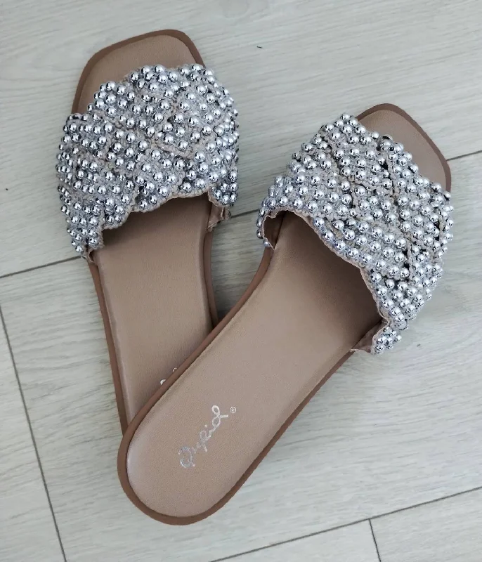 Hot Styles Rhinestone Slides In Nude/silver Knit