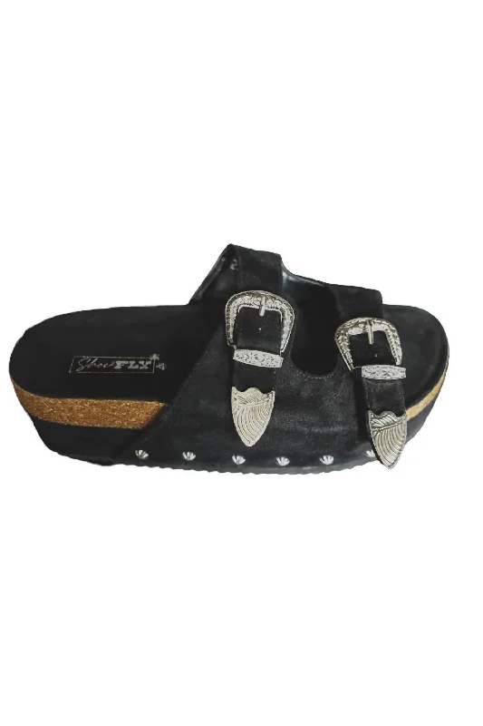 Valentine's Special Women's Platinum Buckle Wedge Sandal In Black