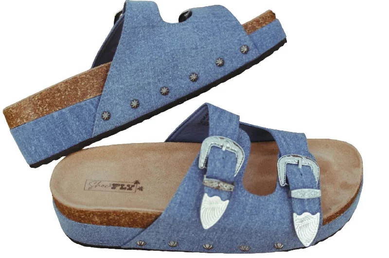 Chic Style, Always In Vogue Women's Platinum Buckle Wedge Sandal In Denim