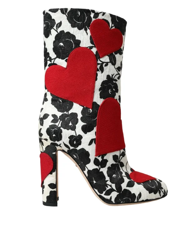 Budget Saver Dolce & Gabbana White Floral Hearts Leather High Boots Women's Shoes