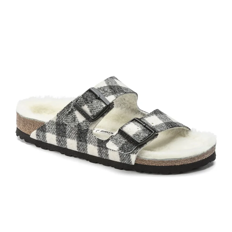 Vintage-Inspired Shoes Deal Birkenstock Arizona Slide Sandal (Women) - Plaid White Wool/Natural Shearling Vintage-Inspired Shoes Deal Birkenstock Arizona Slide Sandal (Women) - Plaid White Wool/Natural Shearling