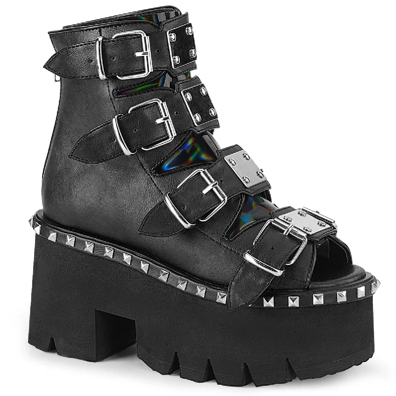 Comfortable Stretchy Shoes Demonia ASHES-70 | Black Vegan Leather & Hologram Sandals Comfortable Stretchy Shoes Demonia ASHES-70 | Black Vegan Leather & Hologram Sandals