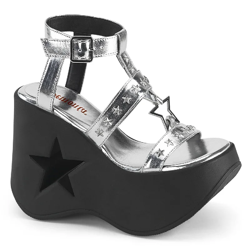All-Day Comfort Shoes Demonia DYNAMITE-12 | Silve Metallic Vegan Leather Sandals