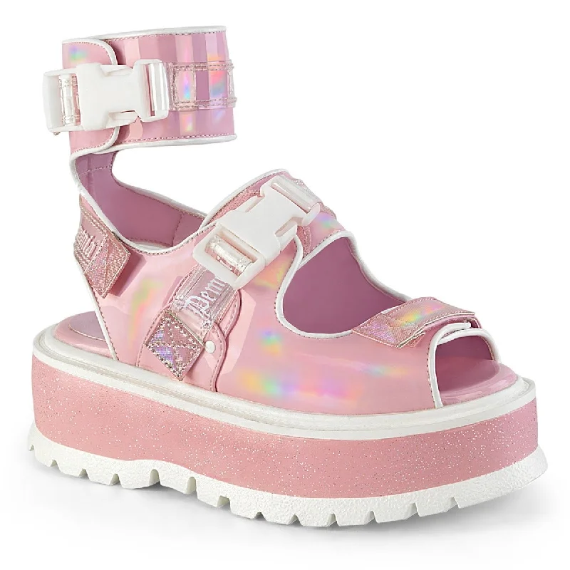 Comfortable Shoes Demonia SLACKER-15B | Baby Pink Hologram Patent Sandals