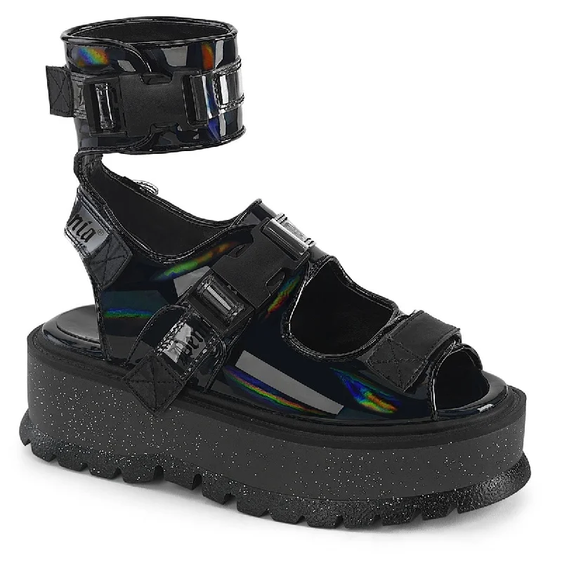 Lightweight Shoes Demonia SLACKER-15B | Black Holographic Patent Leather Sandals