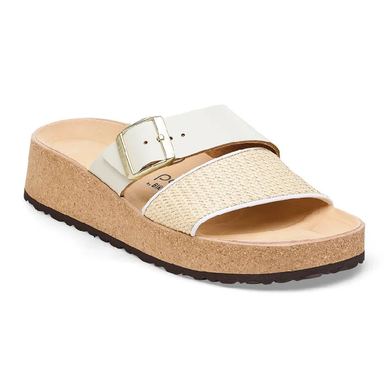 Contemporary Casual Footwear Papillio by Birkenstock Almina White Raffia Leather Sandal Contemporary Casual Footwear Papillio by Birkenstock Almina White Raffia Leather Sandal